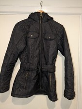 Barbour Grace Polar Quilt Black Jacket Size Uk 10 Euro 36 Belted Pockets Hood