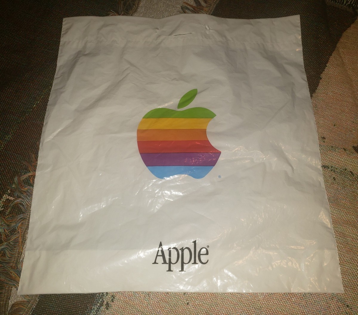 【レア・美品】Apple アップル レインボーロゴ ヴィンテージ バッグ Original Rainbow Apple Logo Plastic Econo Tote White Bag Vintage