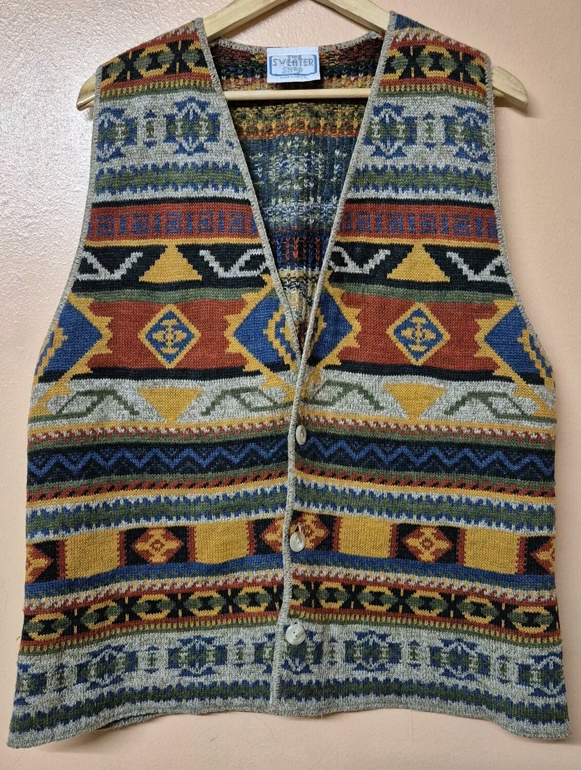 Sweater Shop Cardigan Vintage Aztec Patterned Button Front V Neck 22