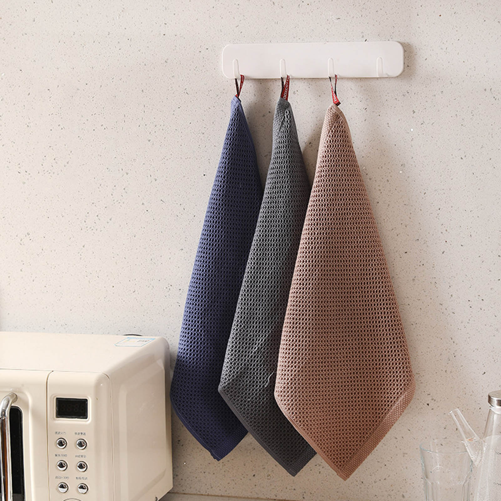 3pcs Kitchen Cleaning Rags Hanging Design Clean Waffle Grid Face Towels ...