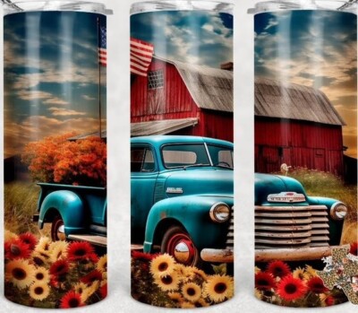 NEW VINTAGE TRUCK SUNFLOWER BARN 20 OZ STAINLESS STEEL TUMBLER CUP + LID & STRAW