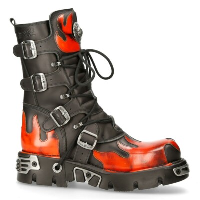New Rock 591-S1 Red Flame Metal Black Leather Heavy Punk Gothic Boots