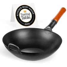 YOSUKATA Carbon Steel Wok Pan 13,5 “ Stir Fry Pans Chinese Wok with Flat Bottom