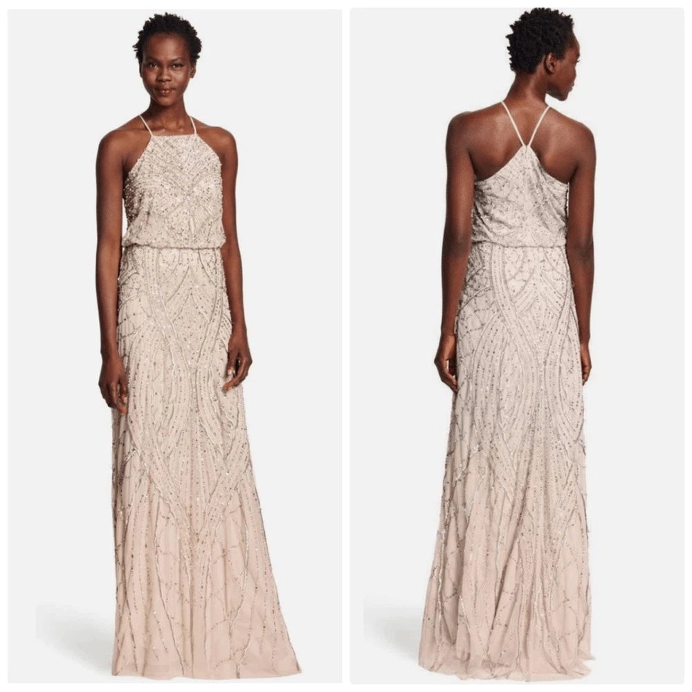 Halter Hand-Beaded Blouson Gown With Keyhole Back In Black | Adrianna Papell