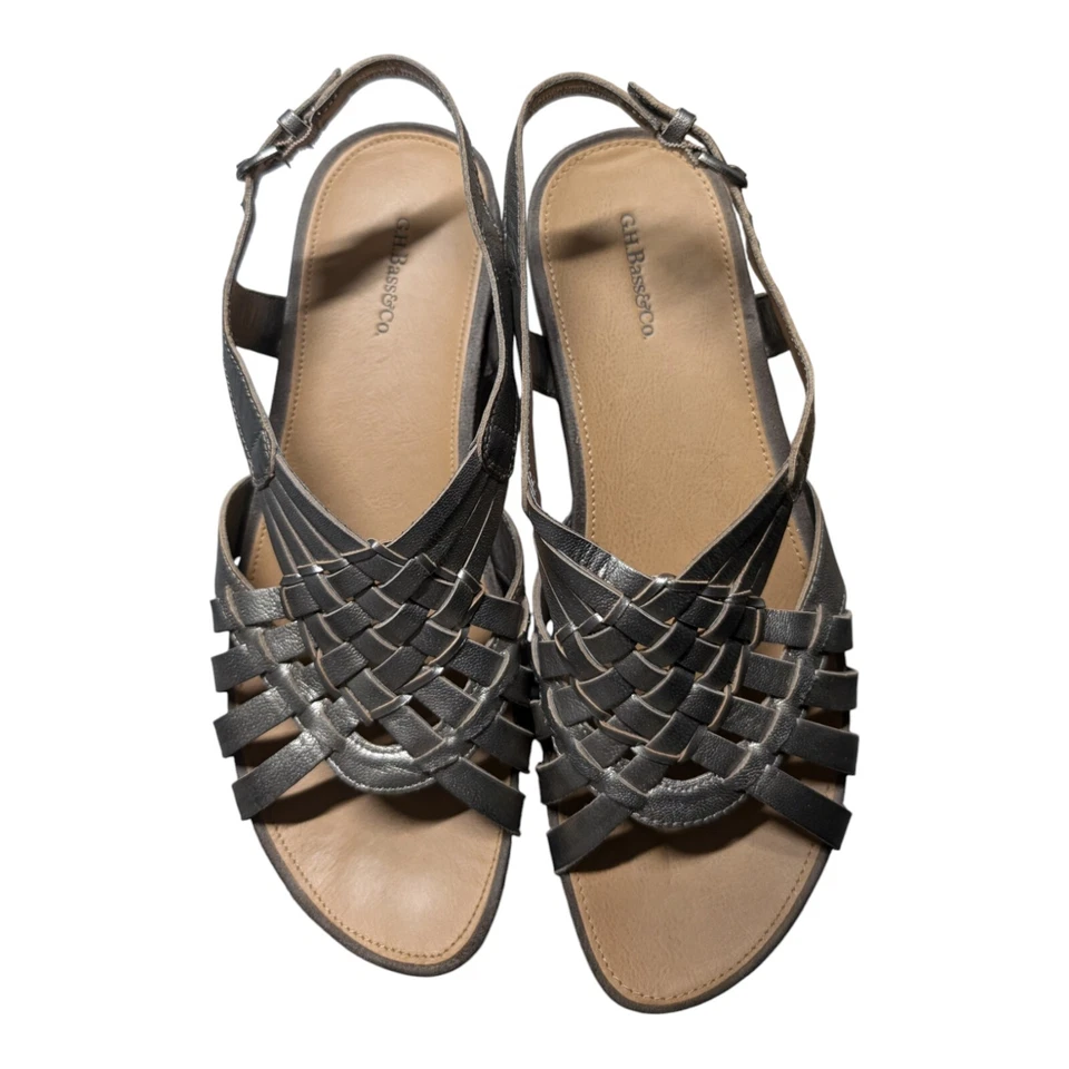 G.H. Sandalias Bass & Co Kat metálicas plateadas con correa al tobillo de cuero tejido talla 8,5 M Foto 2 de 4