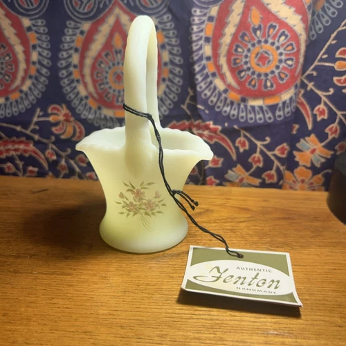 Vintage Fenton “Daisy On Custard” Basket Painted By S.Meunier