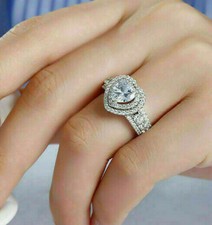 Heart Shaped CZ White Double Halo Wedding Engagement Ring In Solid 925 Silver