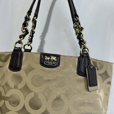 COACH TOTE BAG WITH CHAIN HANDLES Gold Tan Signature #F1220-20481 