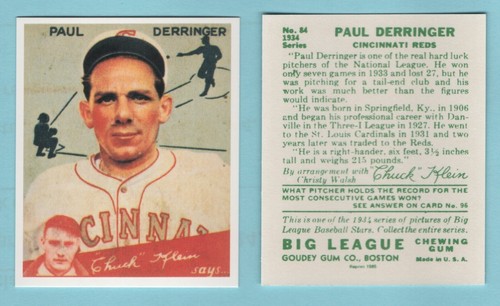 Paul Derringer #84 1934 Goudey card
