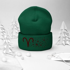 Aries Ram in the Stars Knit Beanie - Cozy Knit Hat Red Thread Spruce Green
