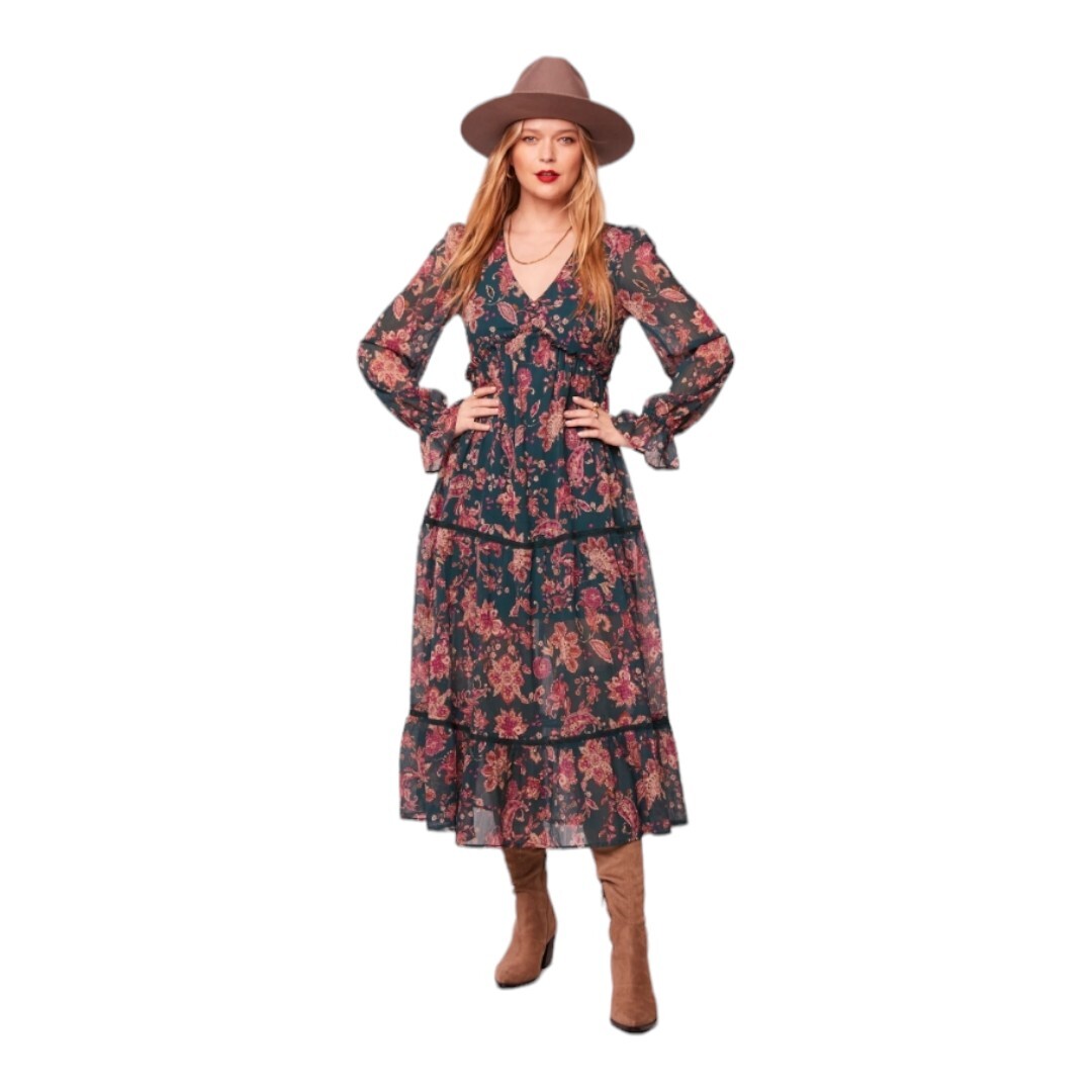 Band Of The Free Run The World Pine Paisley Empire Waist Midi Dress Size  Medium | eBay
