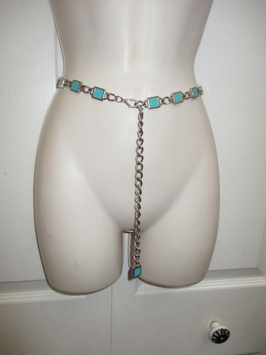 Cinturón de cadena mediana para mujer rectangular plateado con centro turquesa se adapta a 30-31" nuevo - Imagen 14 de 19