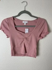TOPSHOP Women's Top Blush Size 6 Crop Short Sleeve Scoop Neck Ruffle
