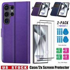 For Samsung Galaxy S24 Ultra 5G Case Leather Wallet Cover Glass Screen Protector