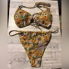 Women s Tropical Floral Print Triangle Tie Back Halter Bikini Set Large