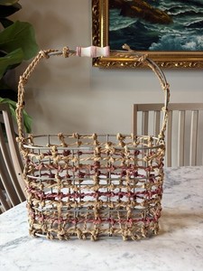 Handmade Oval Metal Twine Magazine Holder Basket with Handle Rustic Farmhouse