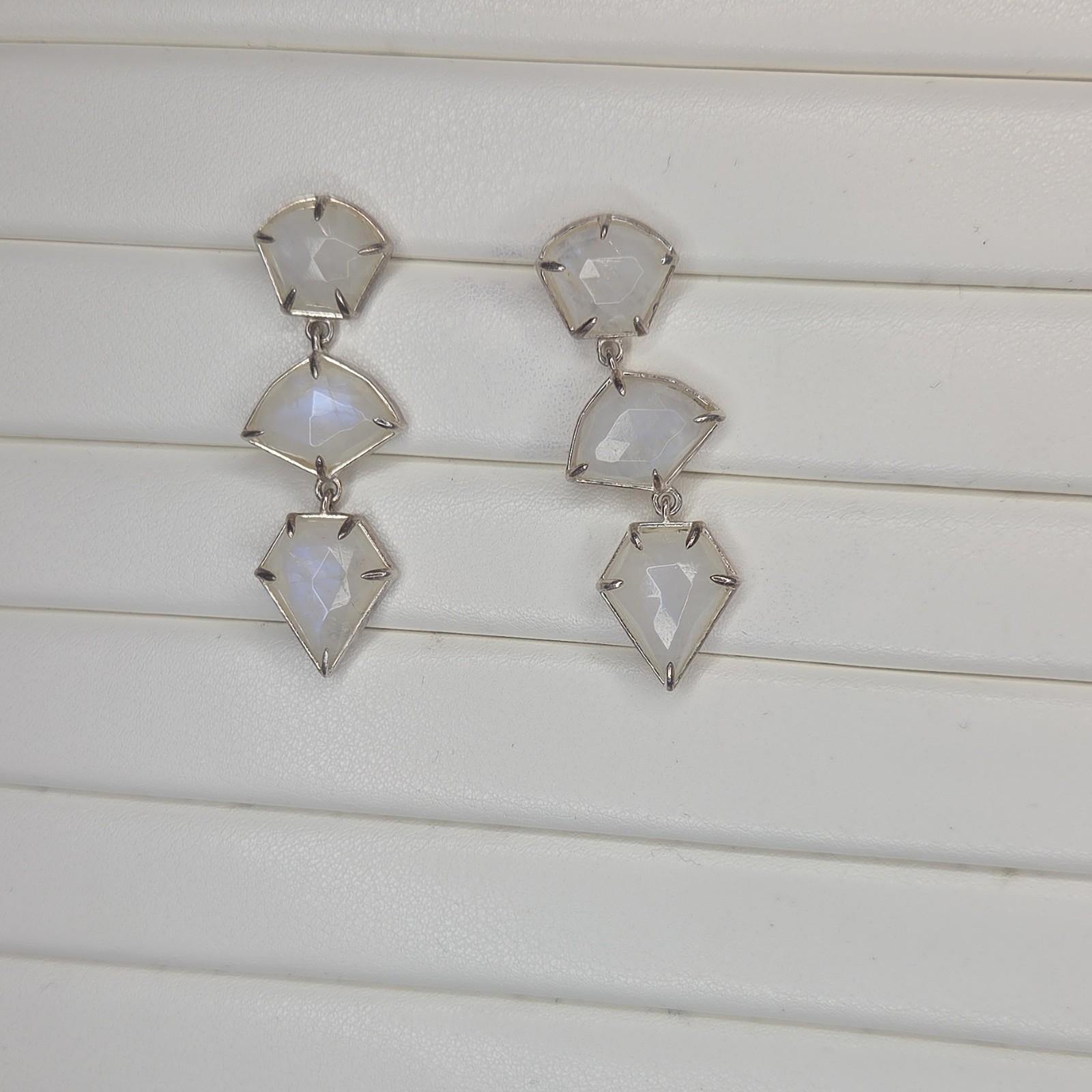 Silver Dangle Drop Earrings Geometric Shape Facet… - image 2