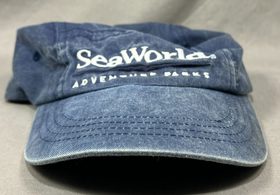 SeaWorld Adventure Park Strapback Hat Distressed Blue Denim 5 panel Dad Cap Mens image 8