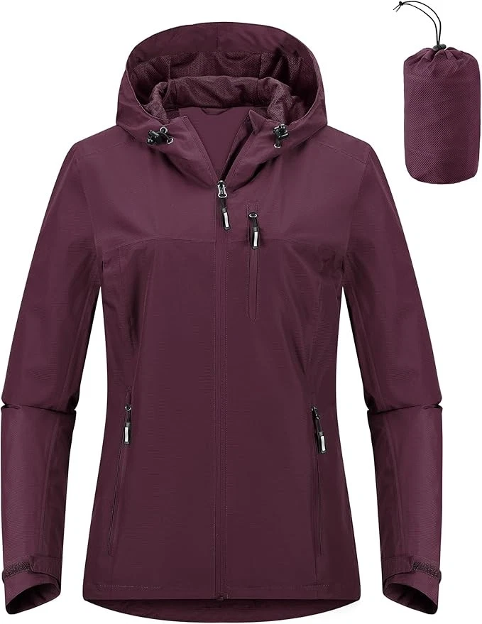 Outdoor Ventures Women's Packable Light Jacket Waterproof w/ Hood, 2XL Wine Red