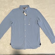 Tommy Hilfiger Men's Solid Blue Button-Down Dress Shirt L 32/33 Cotton