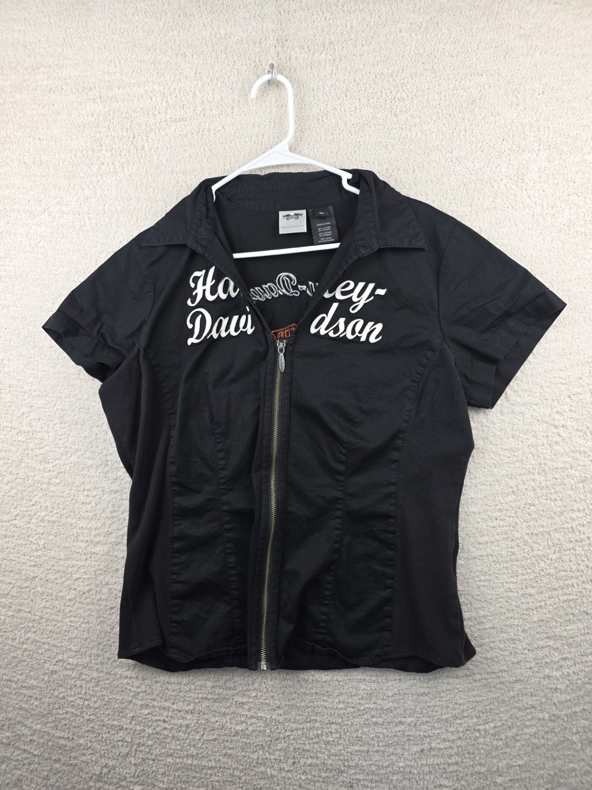 Harley Davidson Women's Embroidered Zip Up short Sleeve Shirt Black Size XL