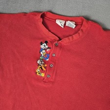 VTG Disney Store Thermal Henley Shirt Red Mickey Donald Goofy Pluto Long Sleeve
