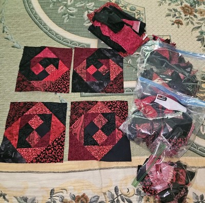 Lot Of 4 Unfin Red & Black Patchwork Blocks Plus Lots Of  Extra Fabrics & Strips