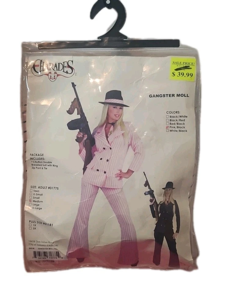 Charades Gangster Moll Traje Disfraz Rosa Doble Pecho Pin Traje a Rayas MED Foto 2 de 4