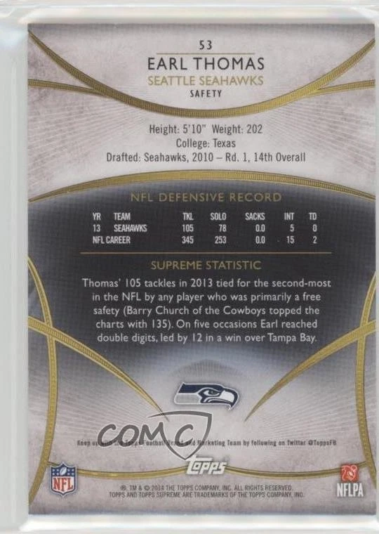 2014 Topps Supreme Violet /99 Earl Thomas III Earl Thomas #53 - Image 2 of 2