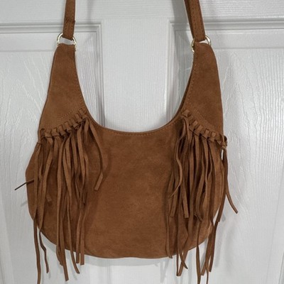 NOROMORO Brown Fringe Boho Shoulder Bag Medium Crescent Magnetic Strap suede