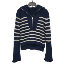 G Label by Goop GWYN Shand Merino Wool Sweater Half Zip Blue White Cream