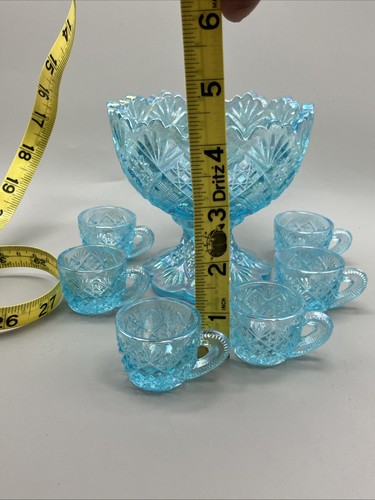 Vintage Westmoreland Iridescent Blue Mini Punch Bowl Set 6 Mugs - Picture 4 of 6