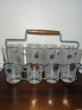MidCenturyModern Libby Daisies Glasses Gold White with Chrome And Wood Carrier