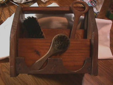 VINTAGE WOODEN SHOE SHINE BOX KIT with COMPARTMENTS and BRUSHES TOOL CADDY