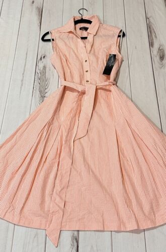 Jones New York Dress Womens 12 Orange Stripe Tie Waist Midi Boho Button NWT