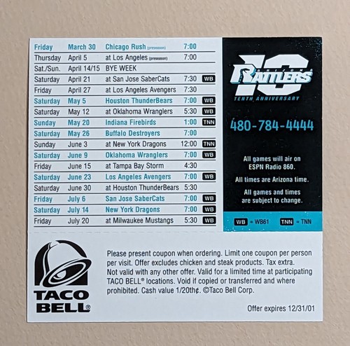 2001 Arizona Rattlers Arena Football Pocket Schedule Card AFL 🏈🏈 - Picture 2 of 2