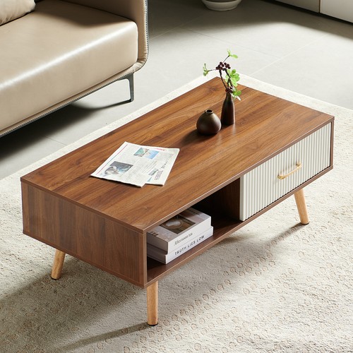Rectangle Coffee Table Solid Wood Legs Sliding Drawer Storage Modern Table Livin - Picture 2 of 15