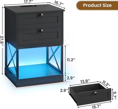 Nightstand with Charging Station & LED Light Modern Bedside Table with 2 Drawers - Picture 2 of 8