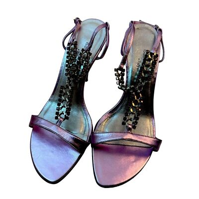 Isabella Fiore Lilac Crystal Chain Metallic Purple Leather Strappy Heels Size 7