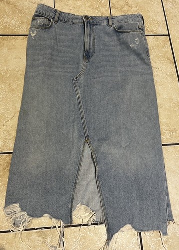 River Island Light Blue Denim Midi Summer Distressed Frayed Hem Skirt 14 Used
