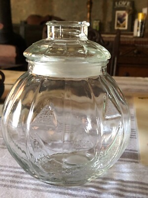 vintage glass pumpkin face canister / jar 7.5'' air tight lid       h