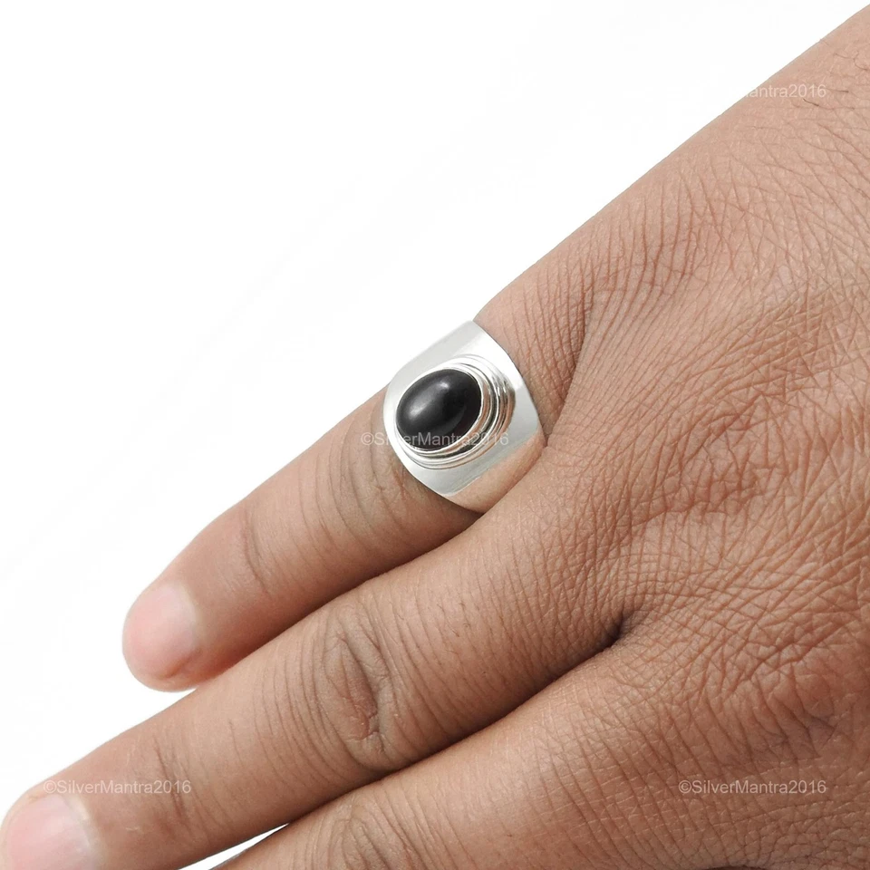 925 Argento Sterling Naturale Onice Nera Moglie Cocktail Lunetta Massiccio US 7 - Immagine 4 di 4