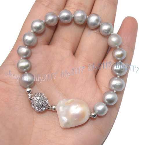 9-10mm Natural Silver Gray Pearl White Keshi Baroque Pearl Bracelet 7.5'' - Picture 7 of 9