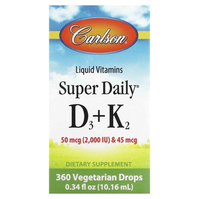 2 X Carlson Labs, Liquid Vitamins, Super Daily D3+K2, 50 mcg (2,000 IU) & 45 mcg