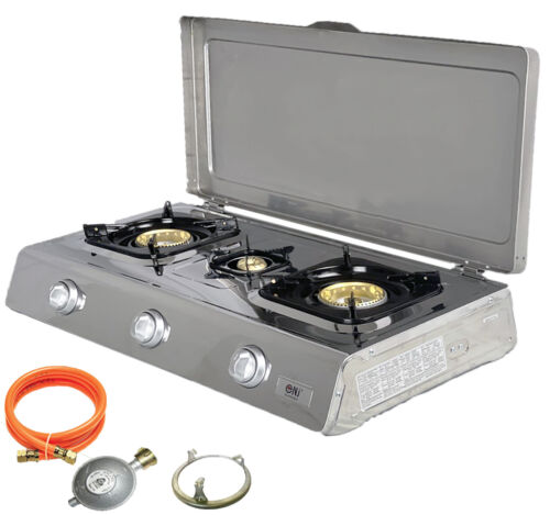 NSD-3C Stainless Steel Camping Gas Cooker 3 Lamps + Lid With Flame Failure - Picture 1 of 11