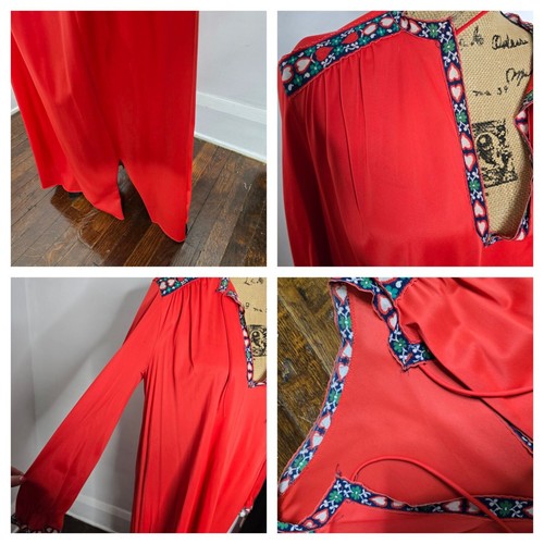 Vintage 70s Red Flowy Kaftan Maxi Dress Bohemian - Picture 5 of 21