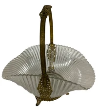 Vintage Clear Pressed Glass Basket Feathered Handles Etched 9"  Candy Basket