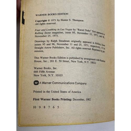 Fear and Loathing in Las Vegas by Hunter S. Thompson 1st WB Printing Dec 1982 - Picture 3 of 5