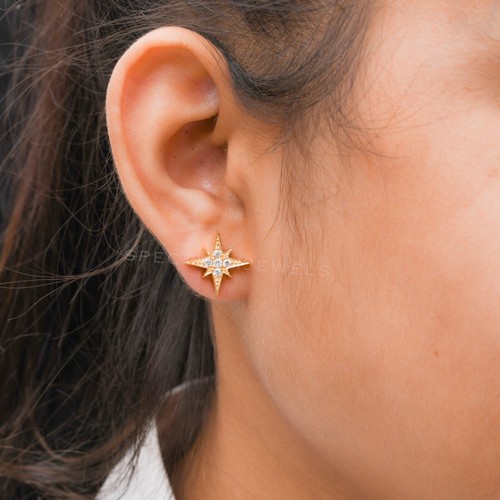 Natürlich Rund Brillantschliff Pflastern Diamant Ohrringe 14k Gold Star Nieten - Picture 3 of 7