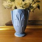 Vintage Art Deco Blue Pottery Vase Matte Glaze Floral Relief Haeger Style 8"